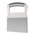 Stainless steel potato wave knife with wavy blade on a kitchen counter.