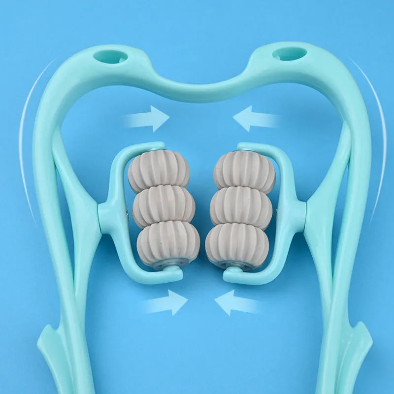 Blue plastic six-wheel neck and shoulder massager with adjustable arms on a white background.