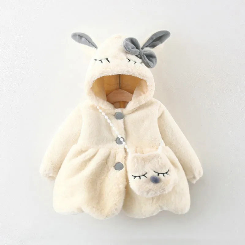Children furry coat cotton-padded coat in beige with cartoon pattern, wool blend fabric, Korean style, single-breasted closure, suitable height 73cm
