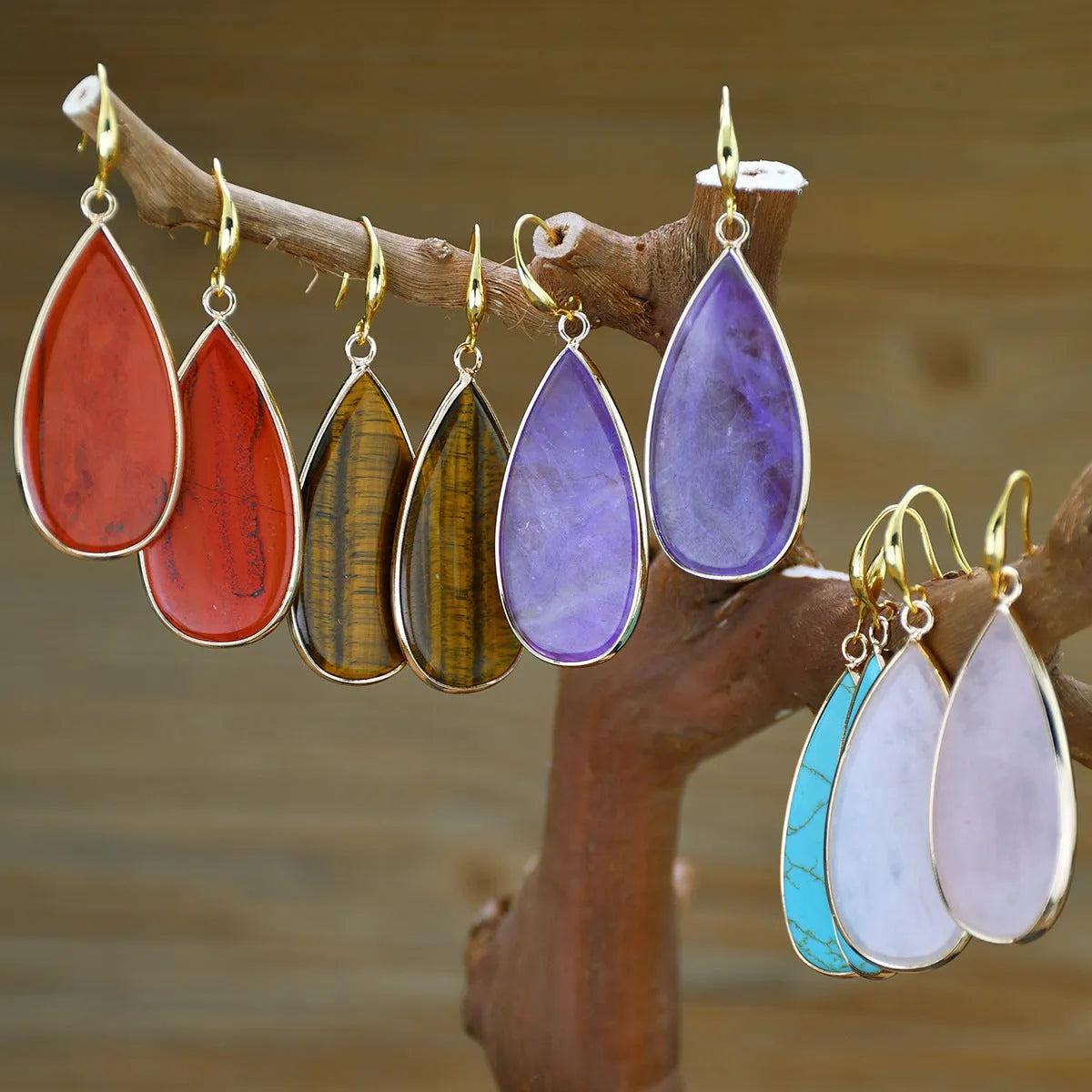 Vintage long water drop stone earrings in Tigereye, amethyst, pink crystal, Redstone, turquoise