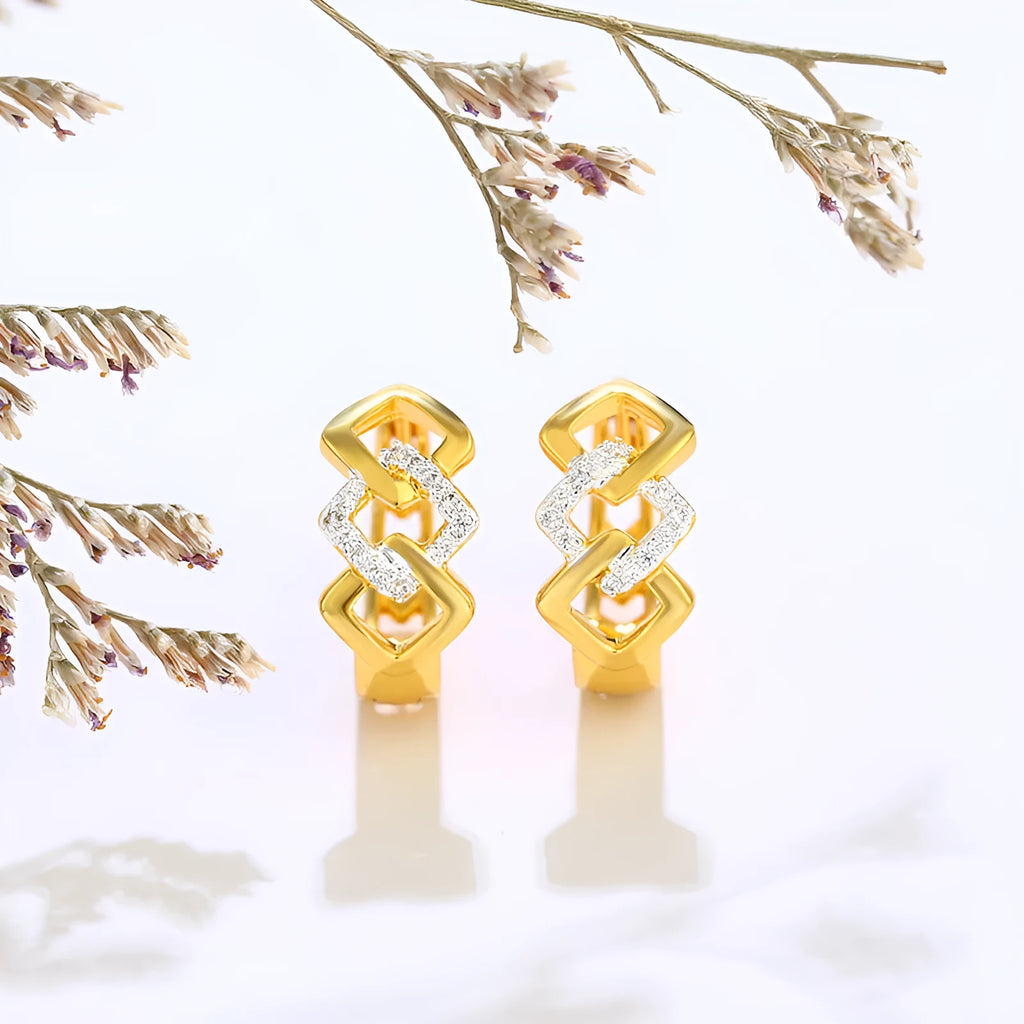 Geometric hollow-out gold electroplated earrings with colour separation design and ear clip fastening