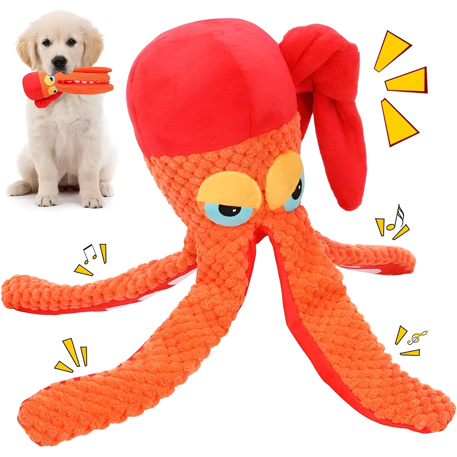 Orange octopus plush dog toy with dental cleaning texture and tentacle design