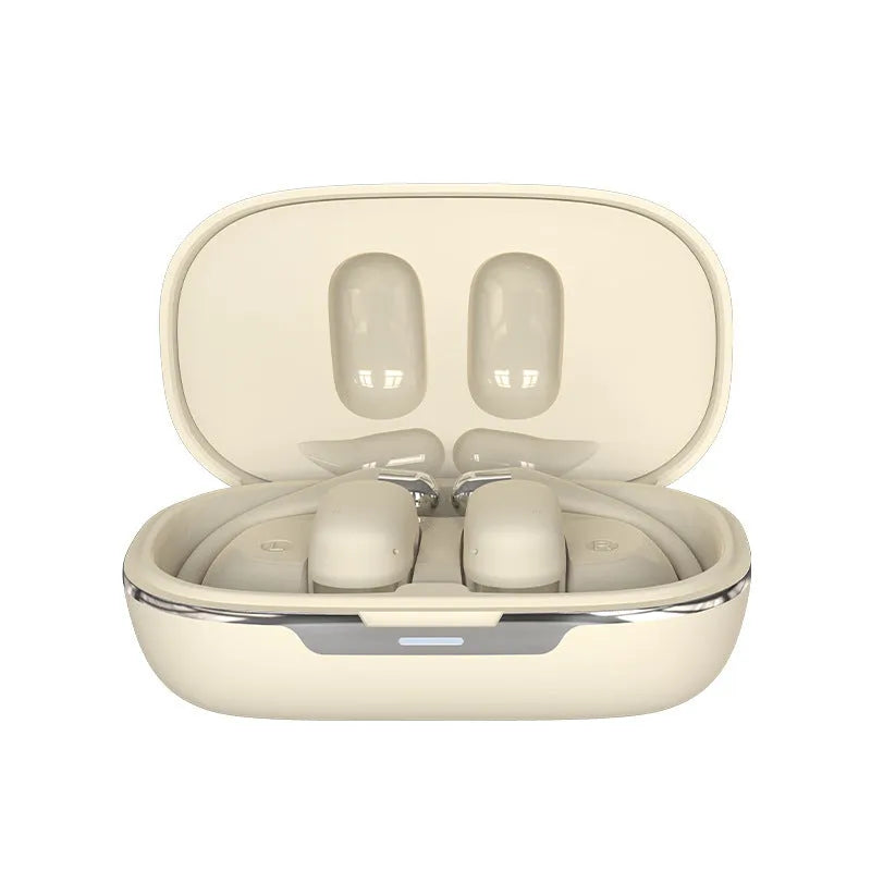 True wireless Bluetooth headset with ear hook design, ABS construction, and 500mAh battery in electroplated black finish