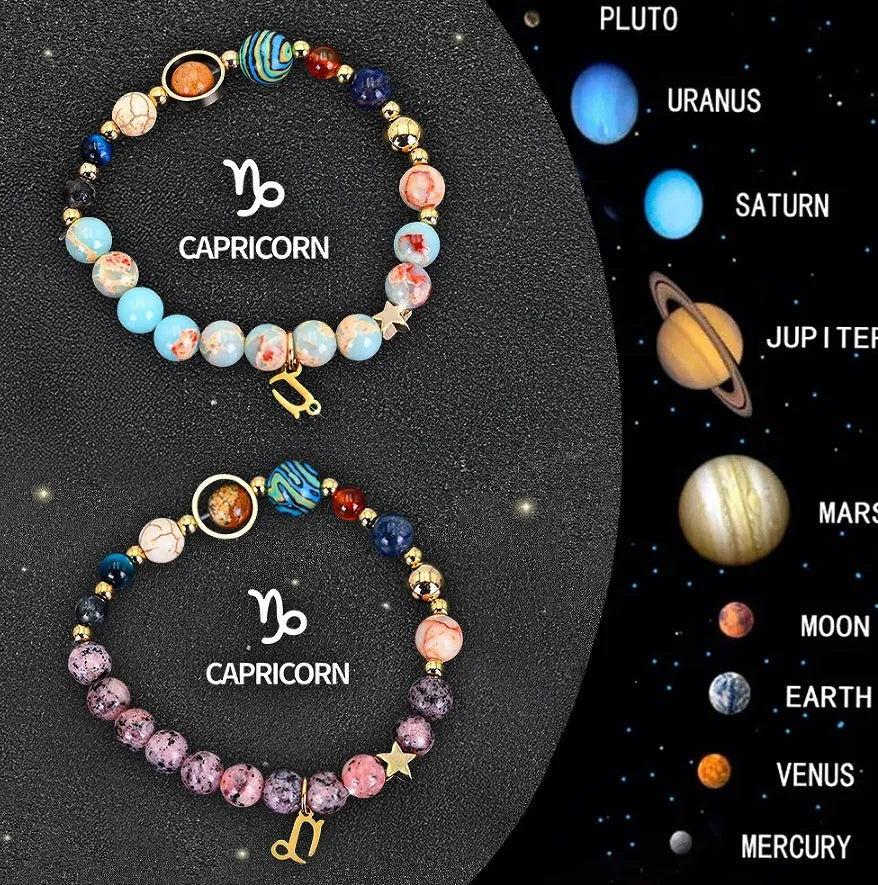 Two natural stone beaded zodiac sign bracelets with astrology theme on neutral background