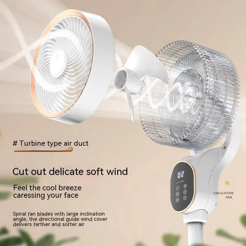 White air circulator fan with lifting column and remote control on a dormitory desk