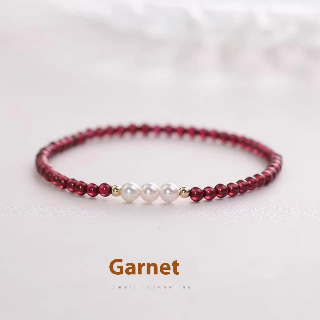 Women's garnet crystal bracelet with artificial pearls in 3mm or 4mm bead sizes