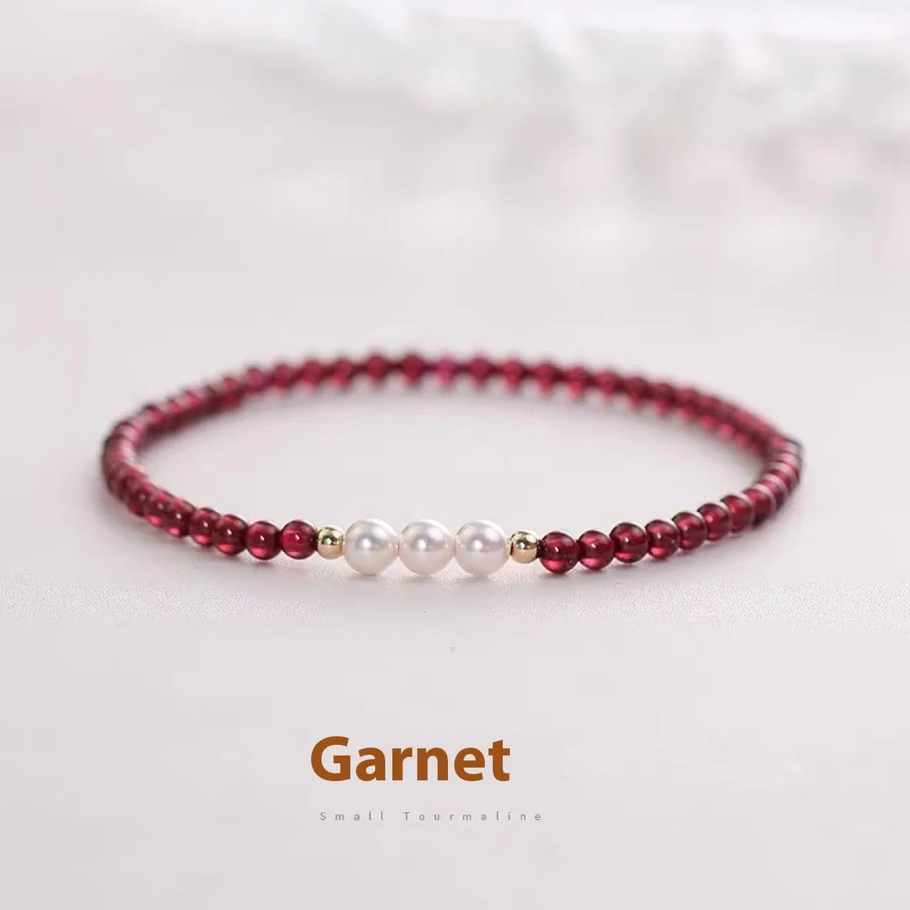 Women's garnet crystal bracelet with artificial pearls in 3mm or 4mm bead sizes