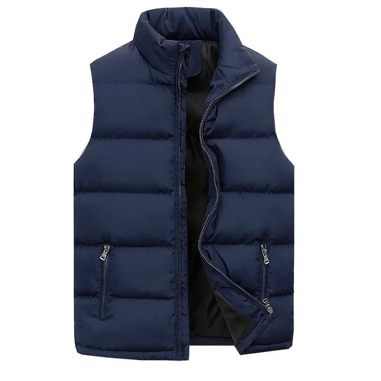 Men's cotton padded sleeveless vest in plaid pattern with round hem, available in red, black, and navy blue