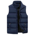 Men's cotton padded sleeveless vest in plaid pattern with round hem, available in red, black, and navy blue