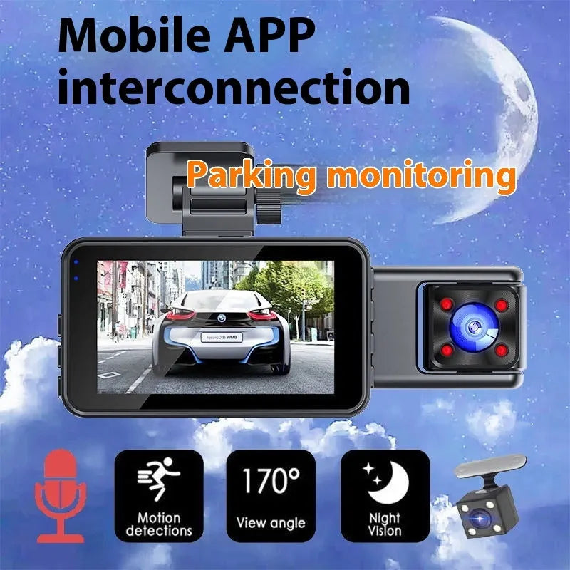 Black triple-lens dashboard camera with 3.0 inch screen for vehicle installation