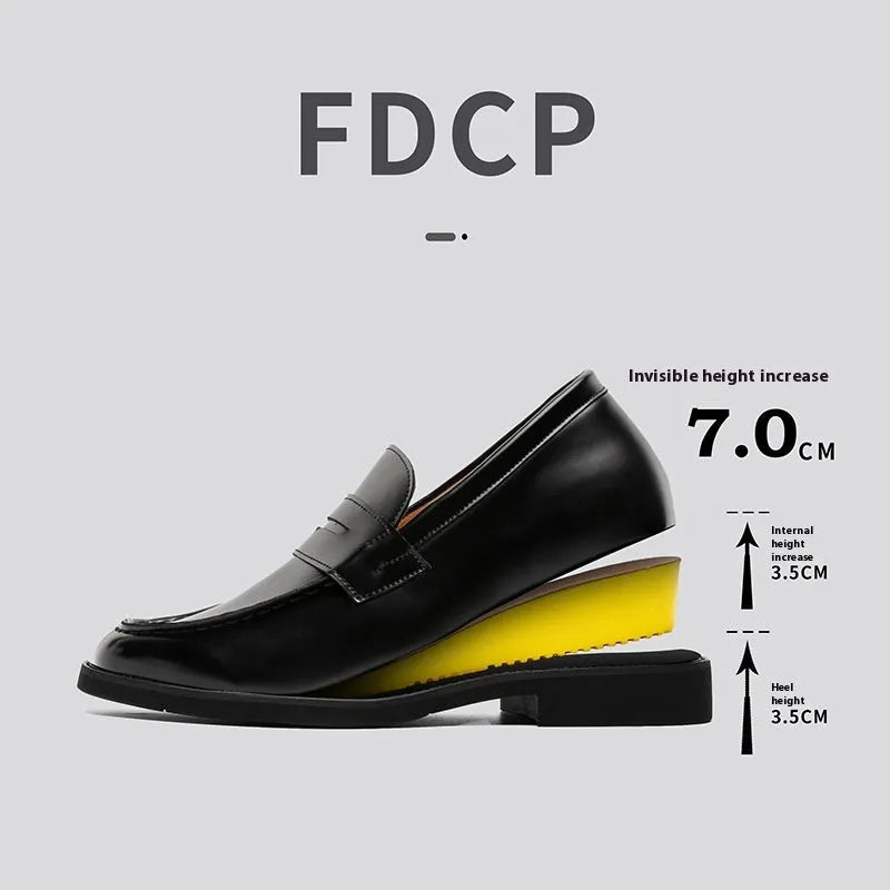 Black men's classic slip-on derby leather shoes with a rubber sole, shown in a mature style.