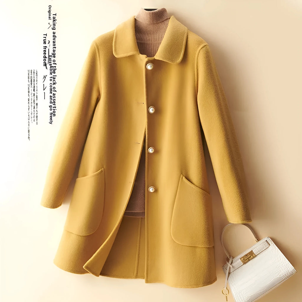 Women's wool mid-length coat with doll collar and pearl buckle in solid colour options