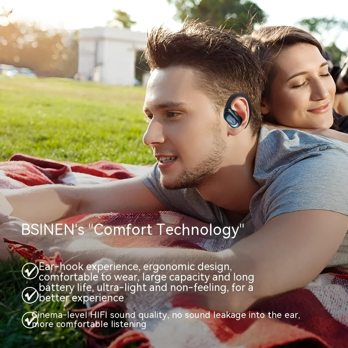 Smart digital display wireless ear-hook sports headphones with noise reduction in Black, Rose Gold, and Skin Colour
