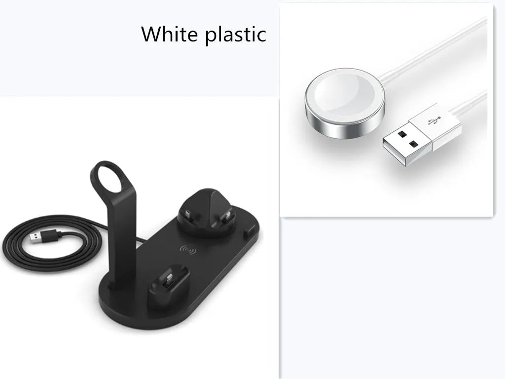 4 in 1 wireless charger stand for iPhone Samsung iWatch AirPods in black silicone material with 360 degree rotating dock