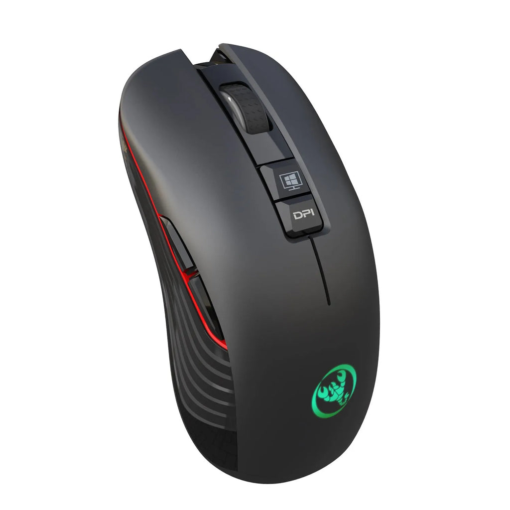 Black wireless gaming mouse with RGB lighting showing adjustable DPI buttons and ergonomic design