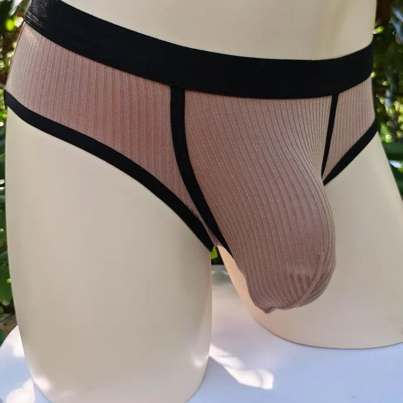 Men's black U-shaped underwear with triangle pouch design showing knitted viscose fabric texture