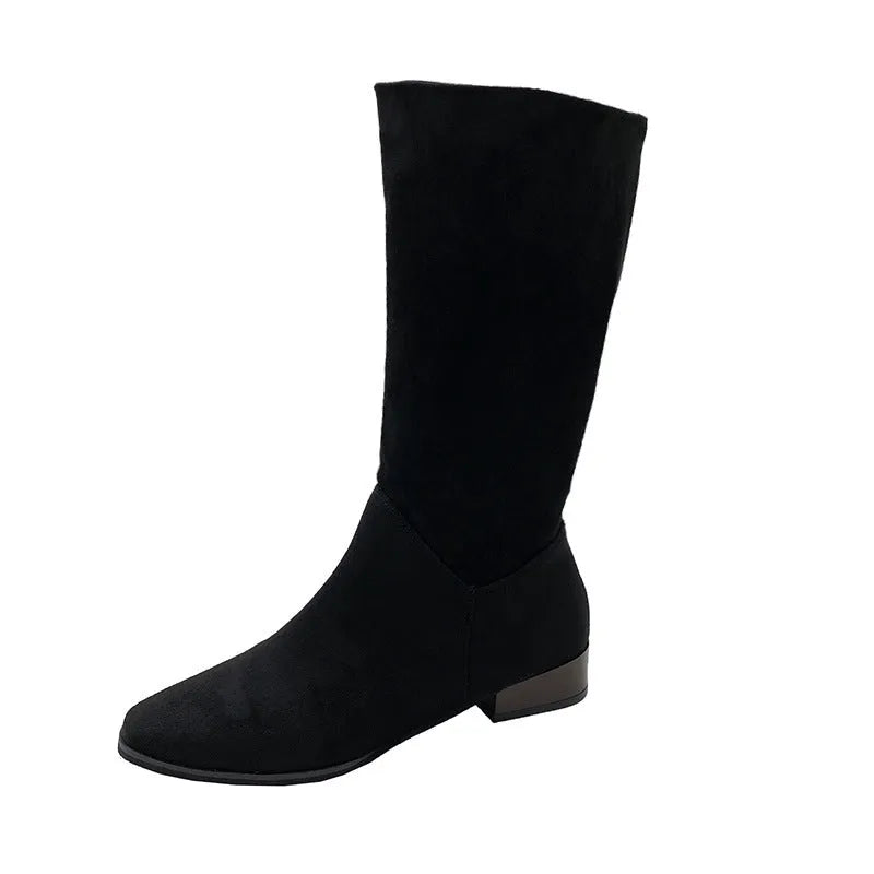 Women's pointed toe retro suede over-the-knee boots with low thick heel in black colour