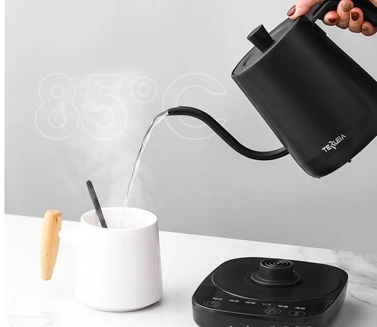 Black stainless steel slender mouth touch control electric kettle with inner scale marking on a desk