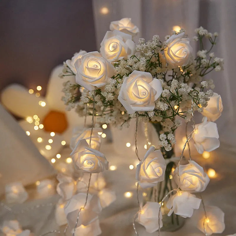 Indoor battery-powered LED rose decorative light string in one of seven colour options