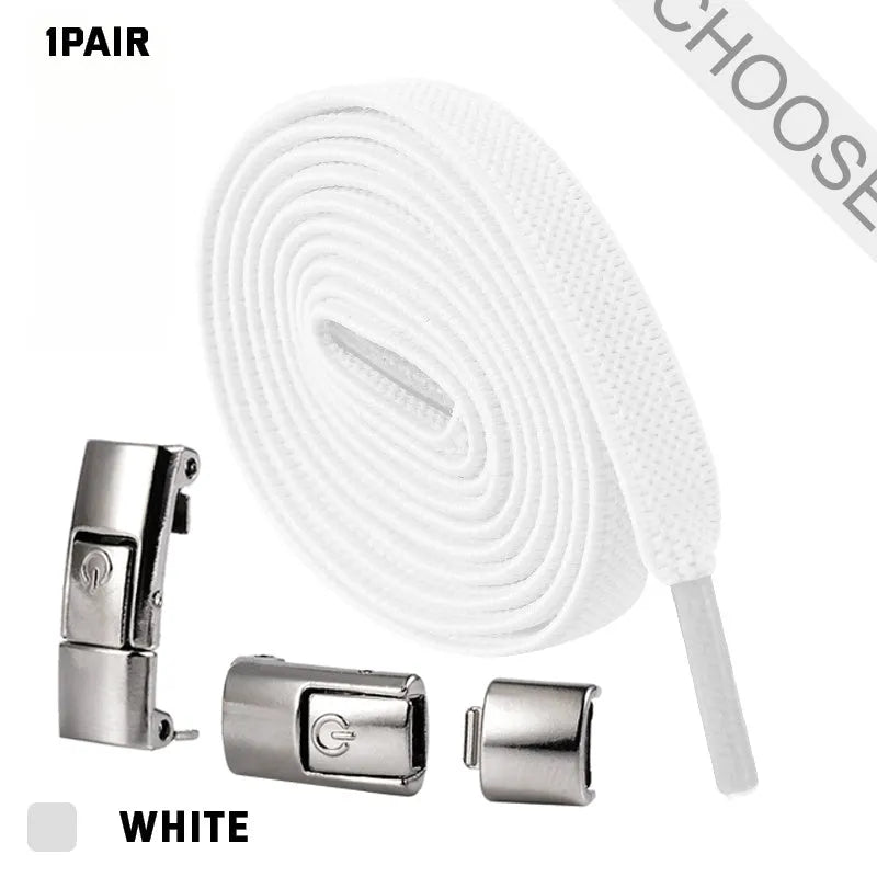 Pair of black 8mm wide flat press lock elastic shoelaces for no-tie fastening on sneakers