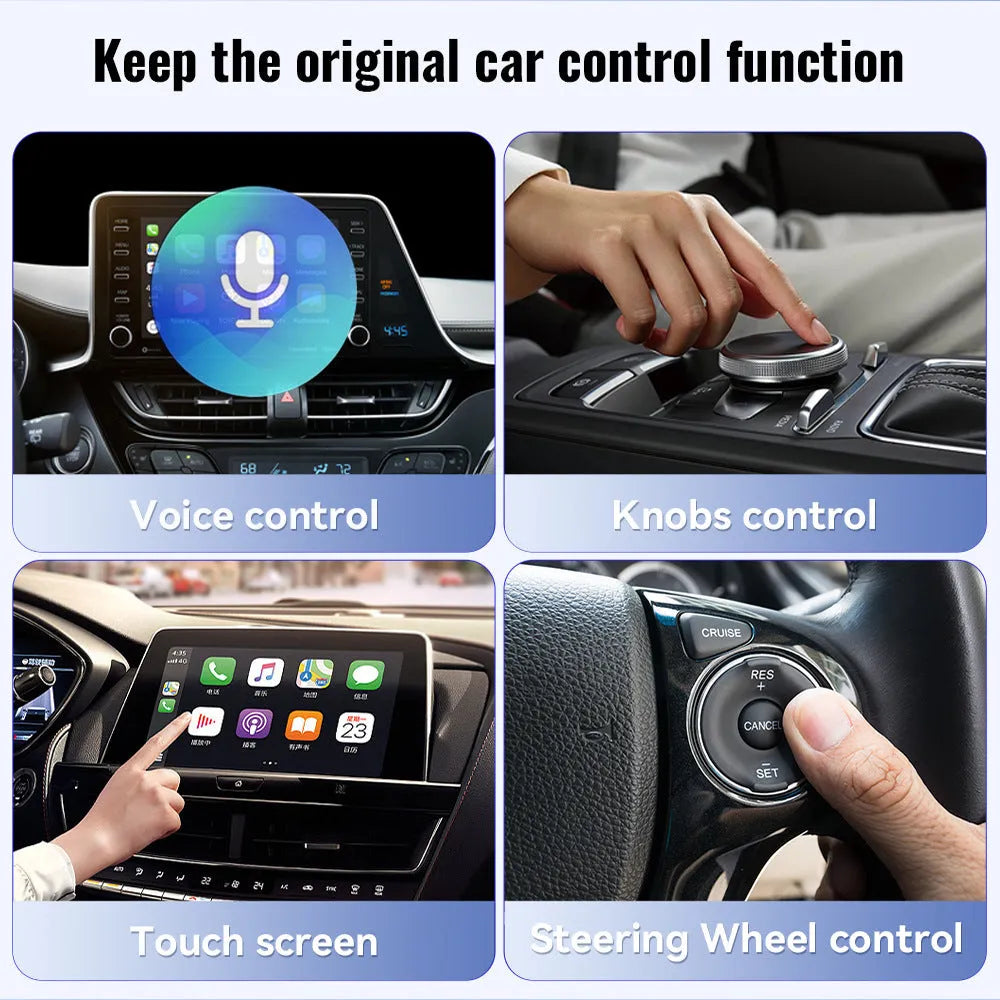 Small black Mini 2-in-1 CarPlay wireless USB adapter showing compact size and USB connector.