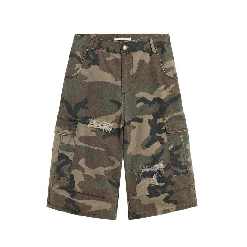 Men's camouflage cropped jeans with patch ripped detailing and loose straight-leg cut