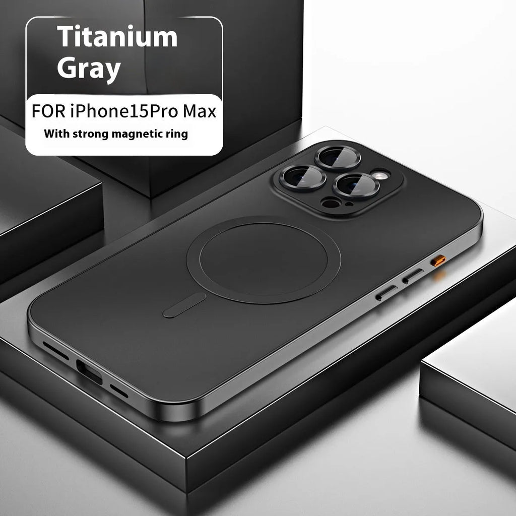 Metal frame magnetic phone case for iPhone 16 series in Titanium Black shockproof anti-fall design
