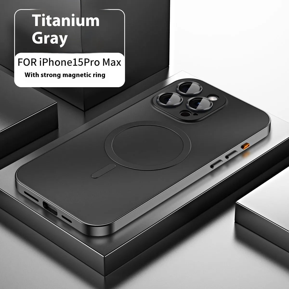 Metal frame magnetic phone case for iPhone 16 series in Titanium Black shockproof anti-fall design