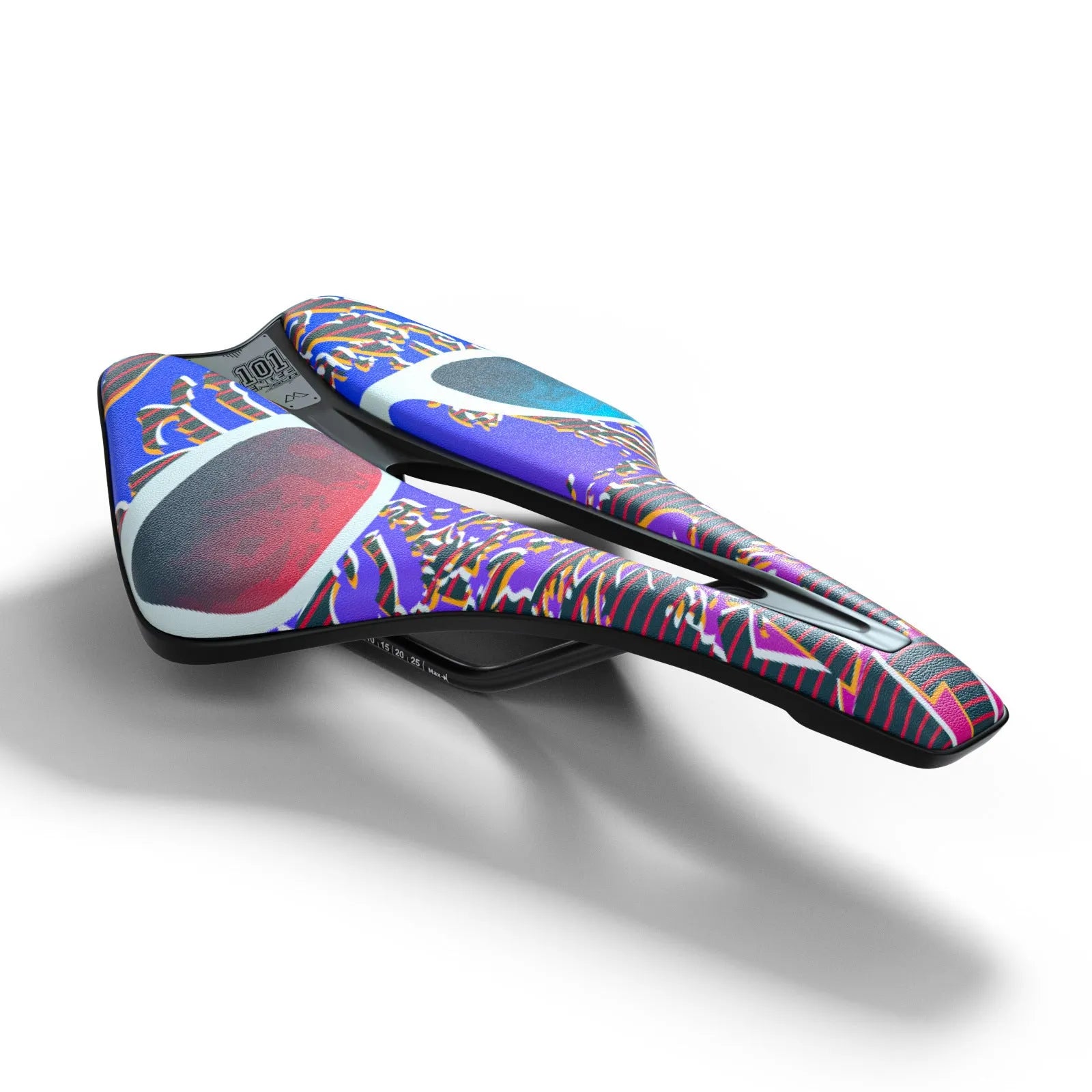 Ultra-light EVA cushion bike saddle with hollow design in PU leather, shown in multiple colour options.
