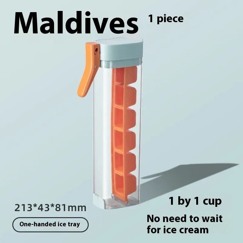 Food grade press-release ice cube tray with storage box in Maldives colour or pearl white.