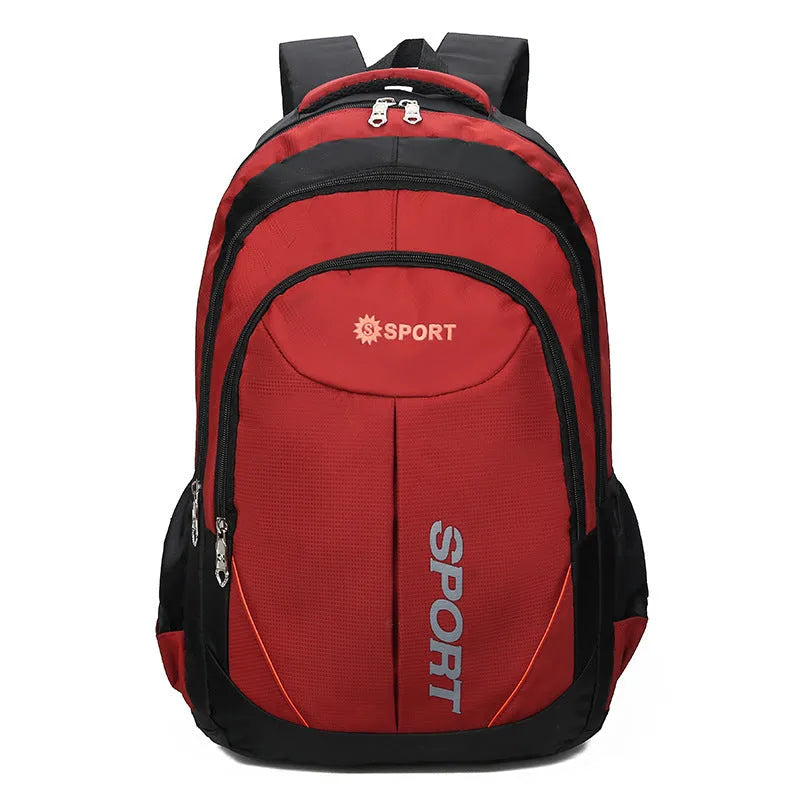 Large capacity men's nylon backpack with curved shoulder straps in black colour showing letter print detail