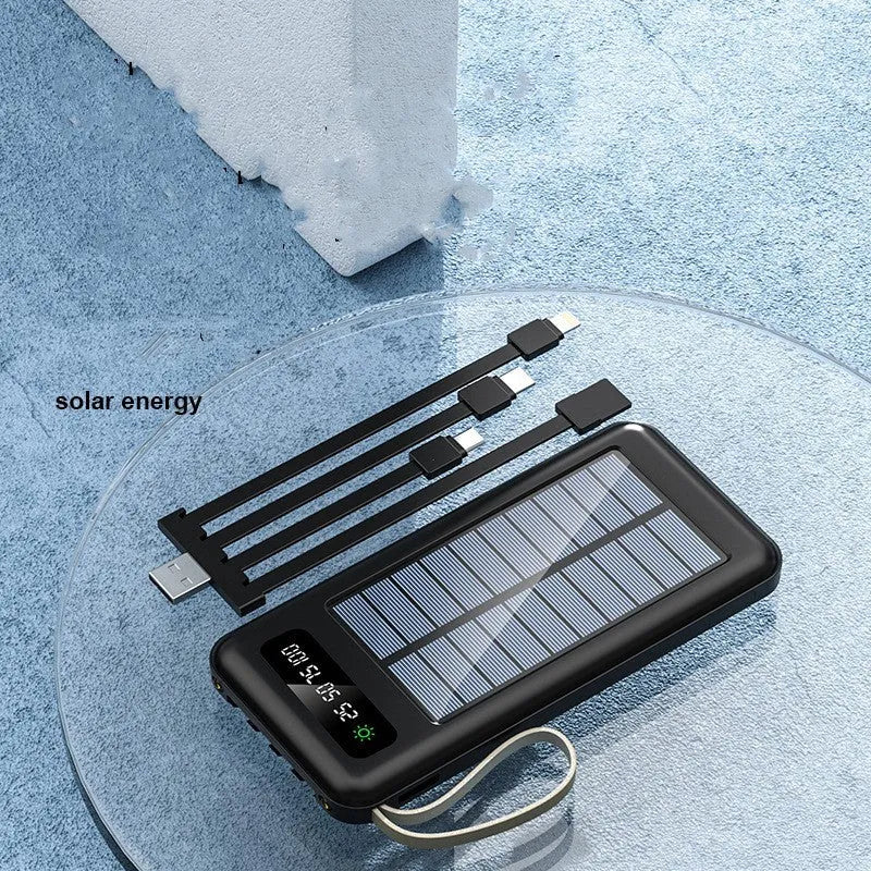 Solar power bank in black or white with polymer lithium ion battery showing capacity options of 20000mA or 30000mA
