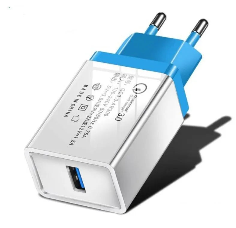 QC3.0 fast charge travel mobile phone charger in multiple colours with EU or US plug options