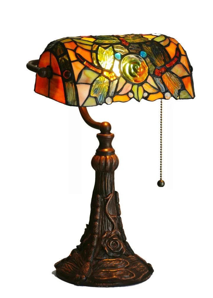 10-inch Tiffany table lamp with stained glass shade and resin base on a study desk