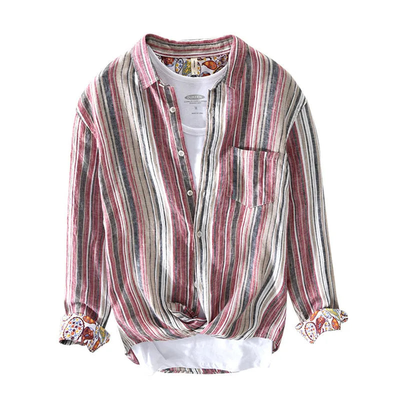 Men's casual linen striped shirt in grey, long sleeves, loose fit for spring summer