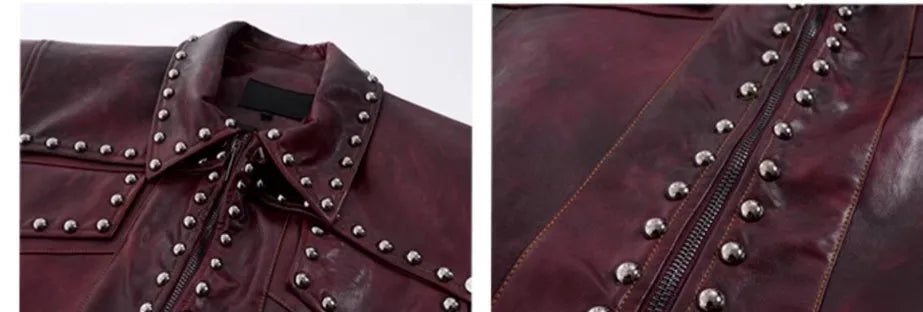 Red leather rivets vest coat with lapel collar and matching pants, Korean-style heavy industry design for men