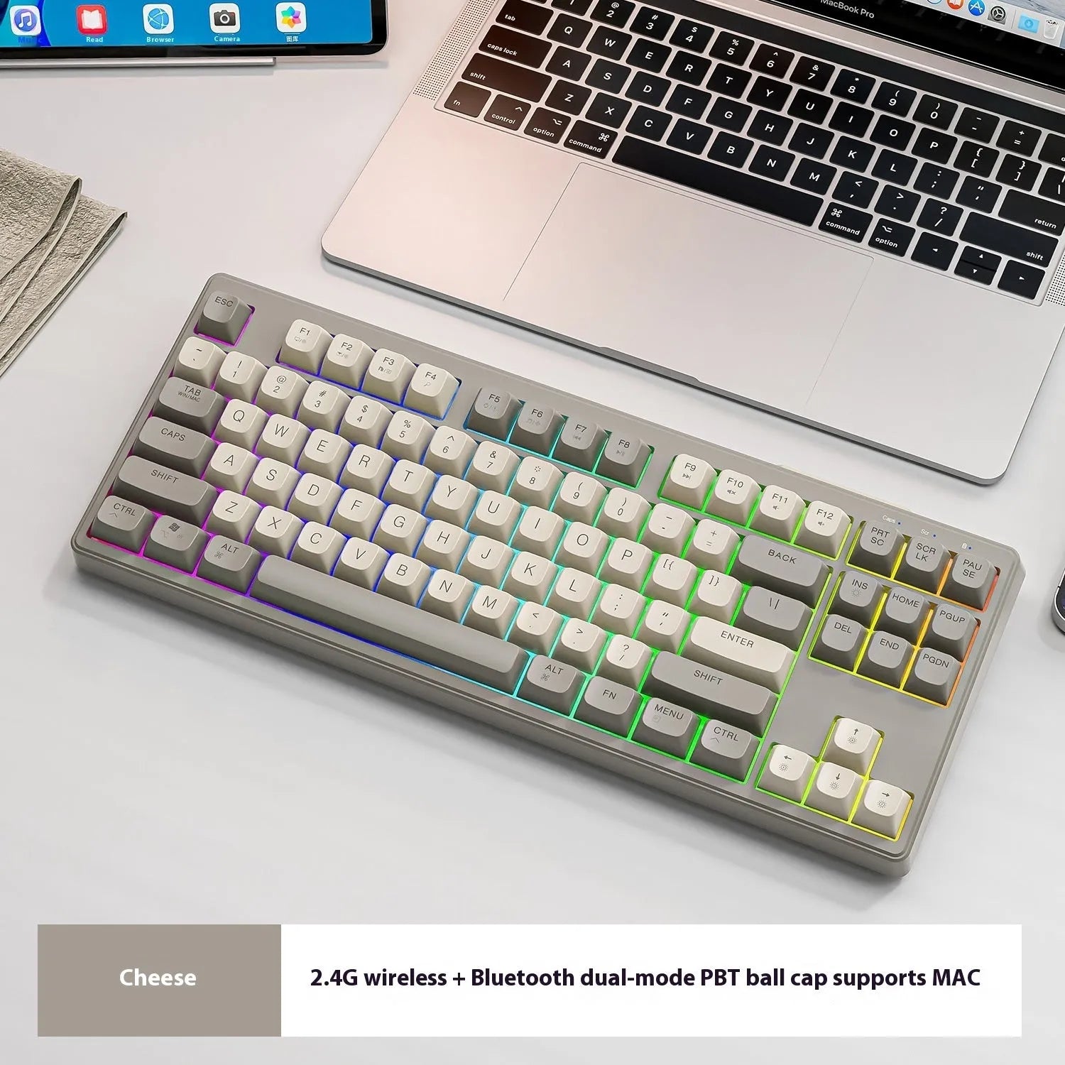 Free Wolf M87 wireless Bluetooth dual-mode mechanical feel keyboard in blueberry colour on a desk