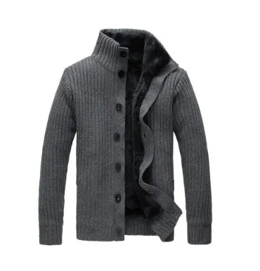 Men's cotton vinylon blend cardigan sweater with standing collar, black colour, thick long sleeves