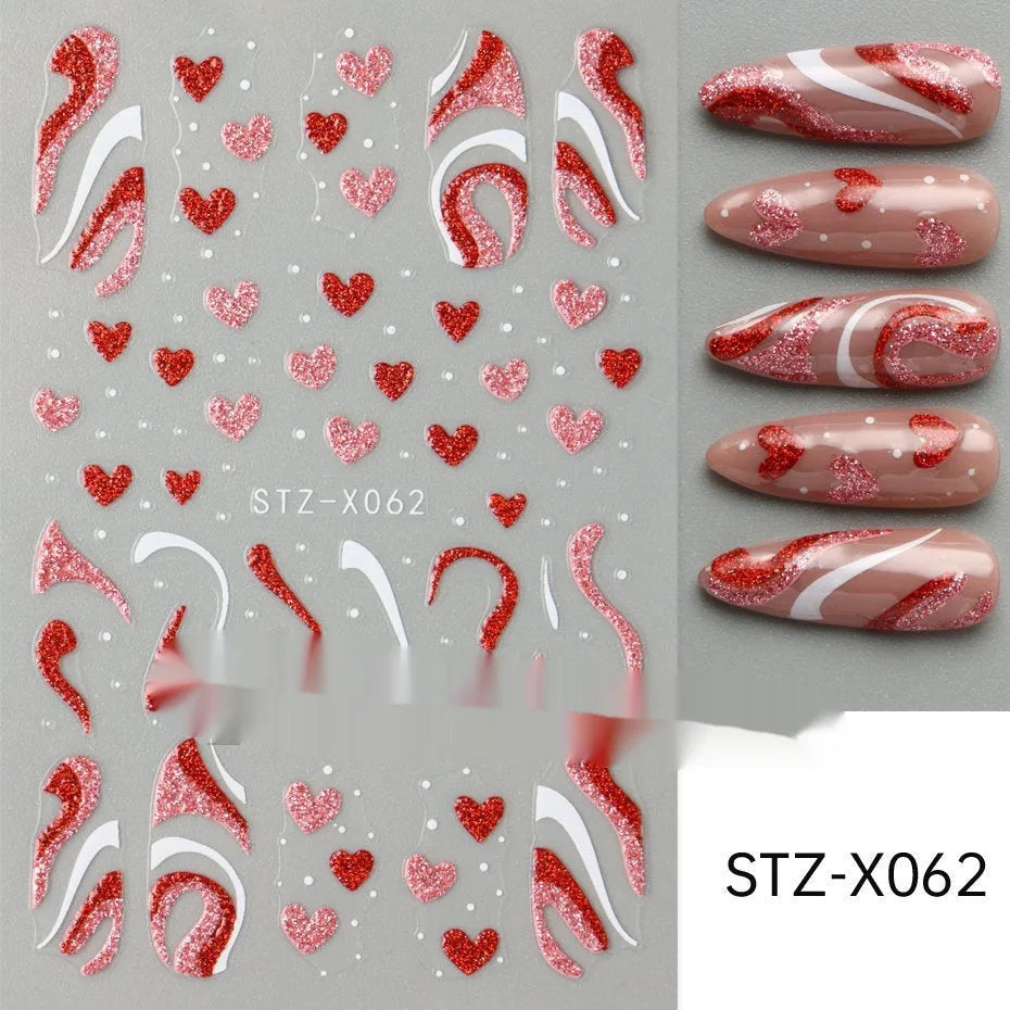 Black and silver stripe nail art sticker with a love pattern design on a plastic sheet.