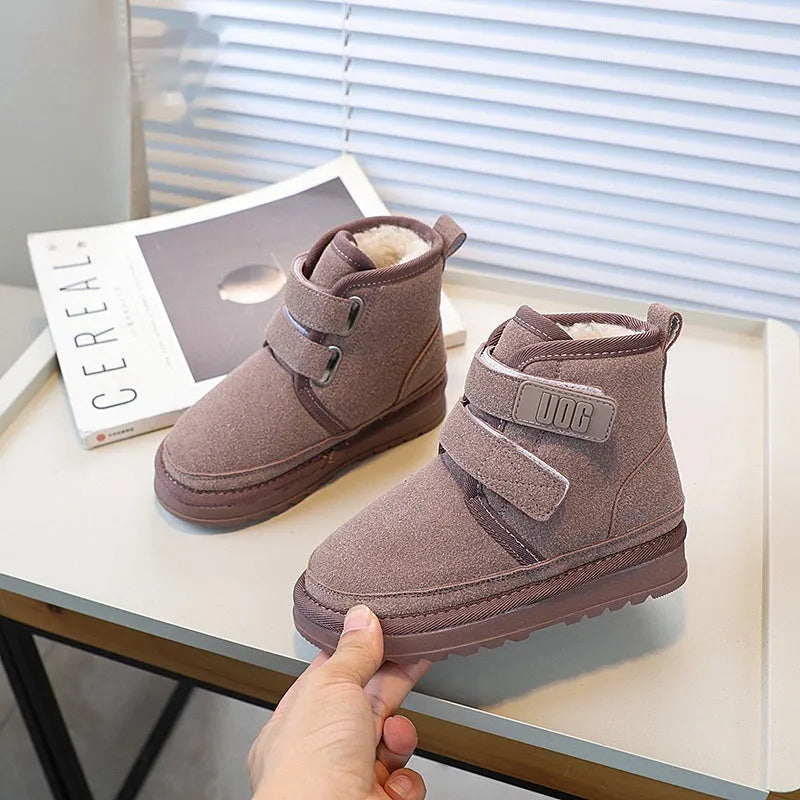 Girls' fleece-lined thick snow boots in solid colour with double Velcro fastening and rubber sole