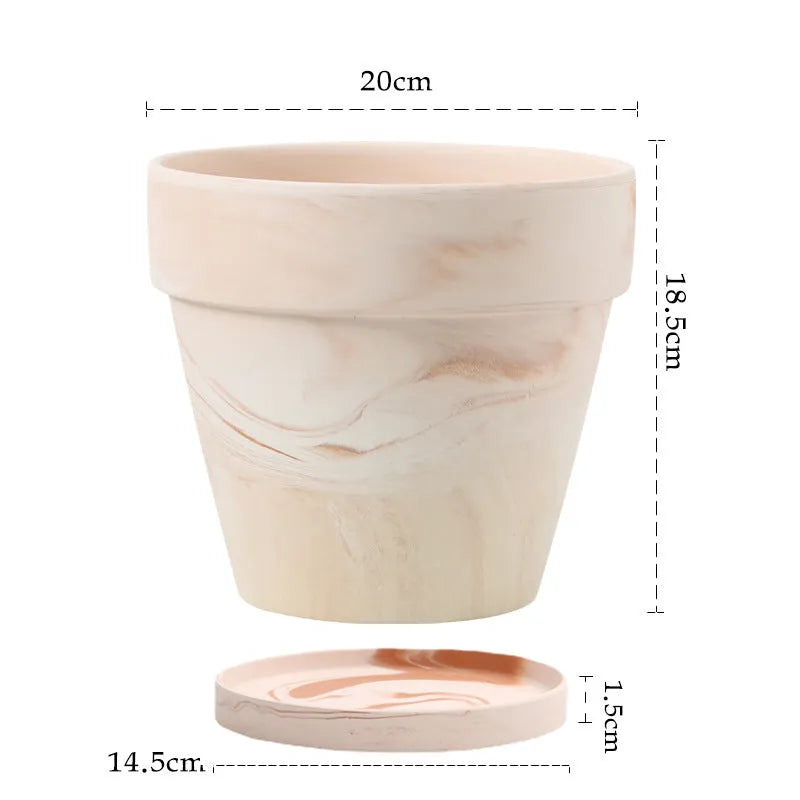 Gradient macchiato red and white pottery flowerpot on desktop with green plant, sizes 10cm to 30cm