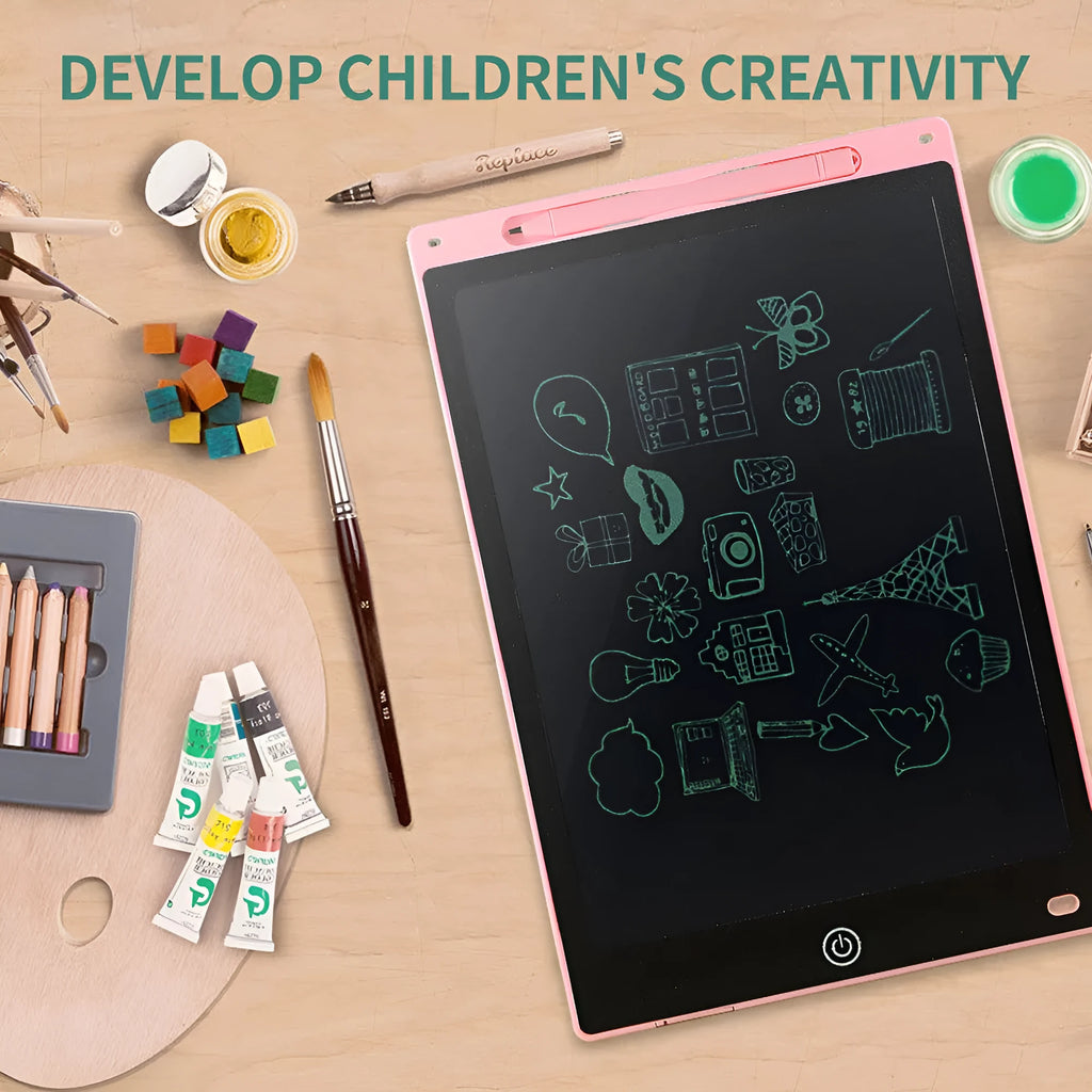 LCD drawing tablet for kids in light blue, showing colourful lines drawn with a plastic stylus.