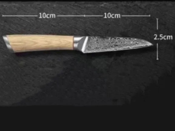 12-piece Damascus steel kitchen knife set with various blade types on a wooden block.