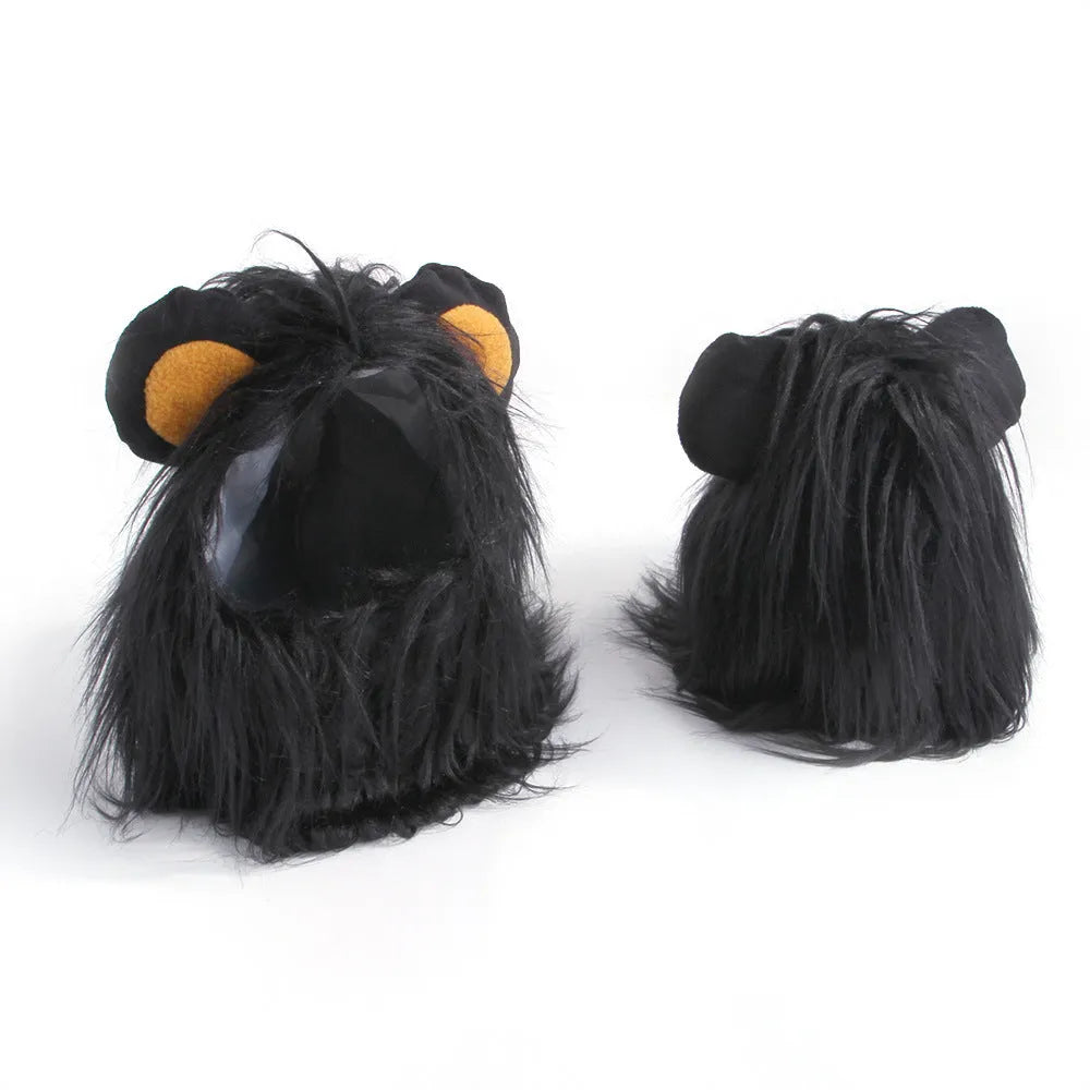 Lion headgear wig for a cat in black synthetic fur with an adjustable chin strap