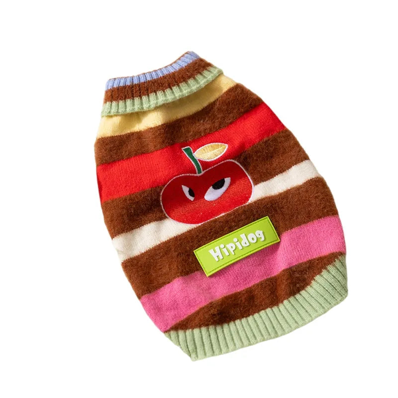 Corgi special rainbow apple striped knitted dog pullover sweater in brown and white on a light background