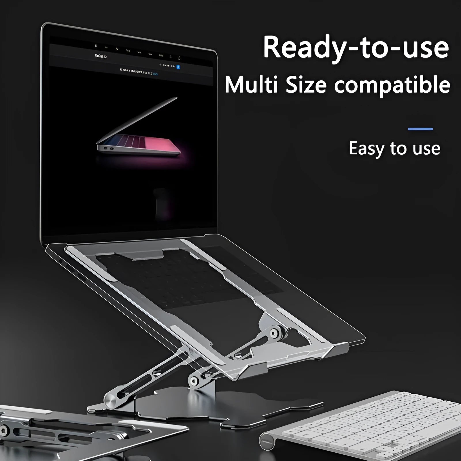 Aluminum laptop stand in folded position showing adjustable mechanism and silicone protection pads