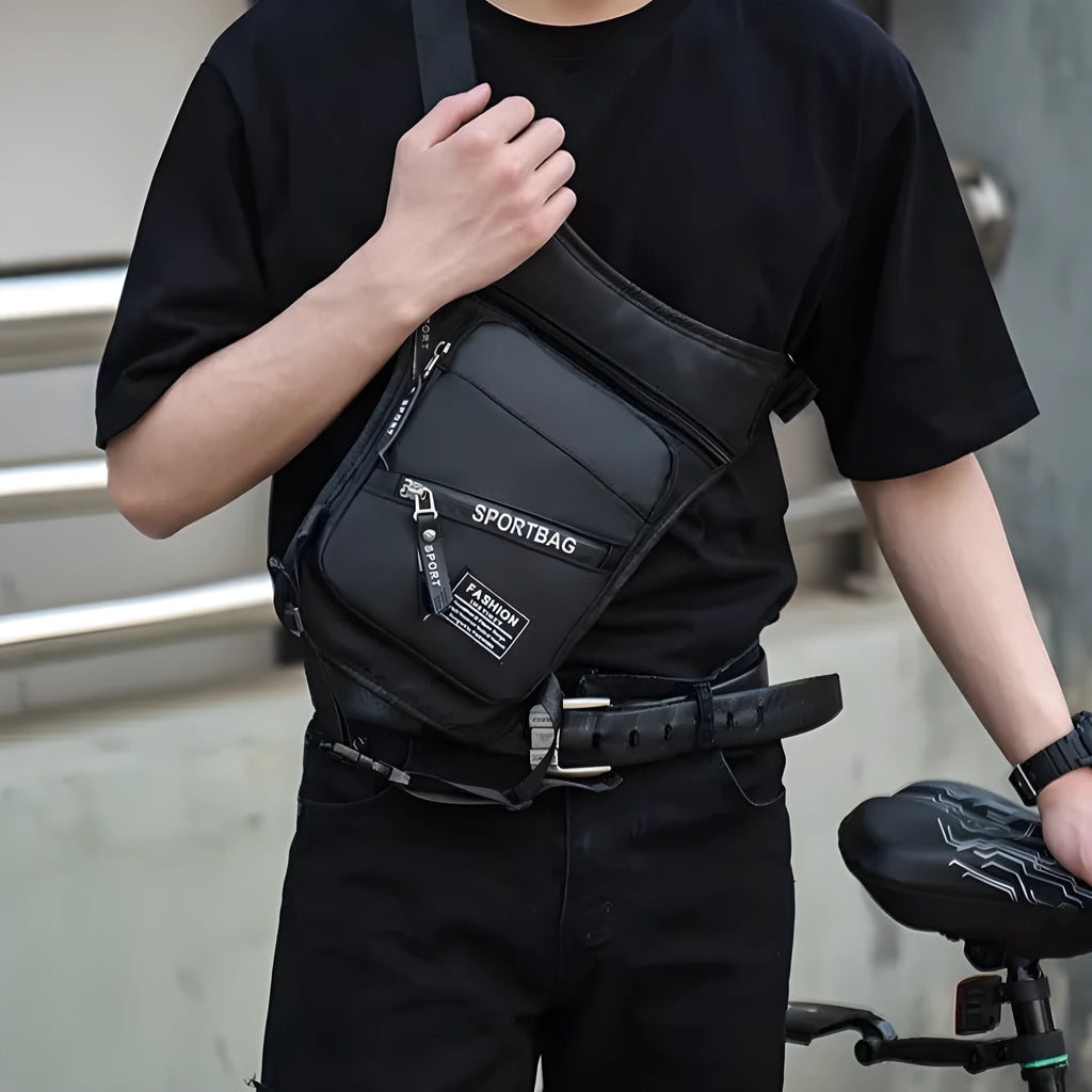 Black nylon cycling leg crossbody bag with adjustable straps for male cyclists
