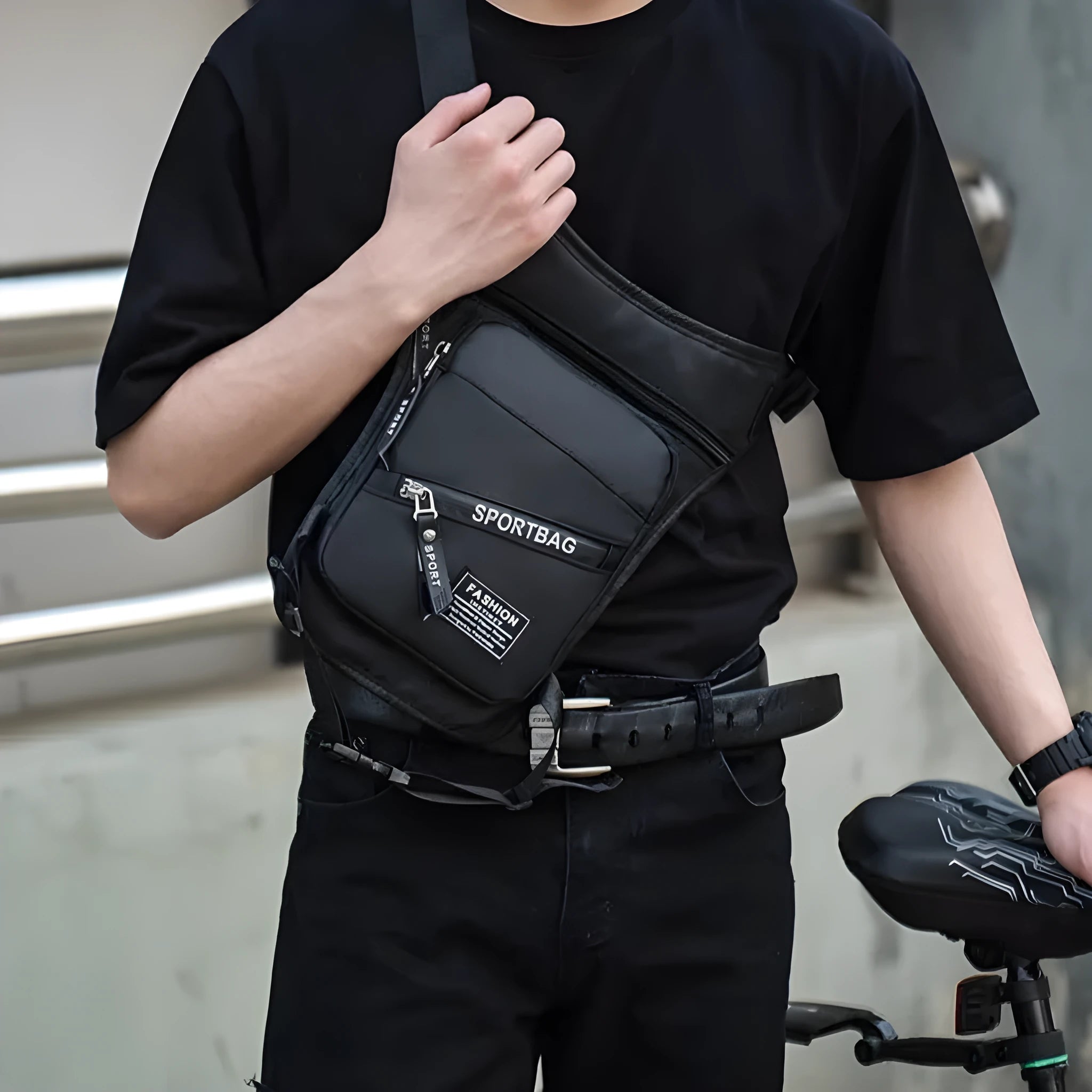 Black nylon cycling leg crossbody bag with adjustable straps for male cyclists