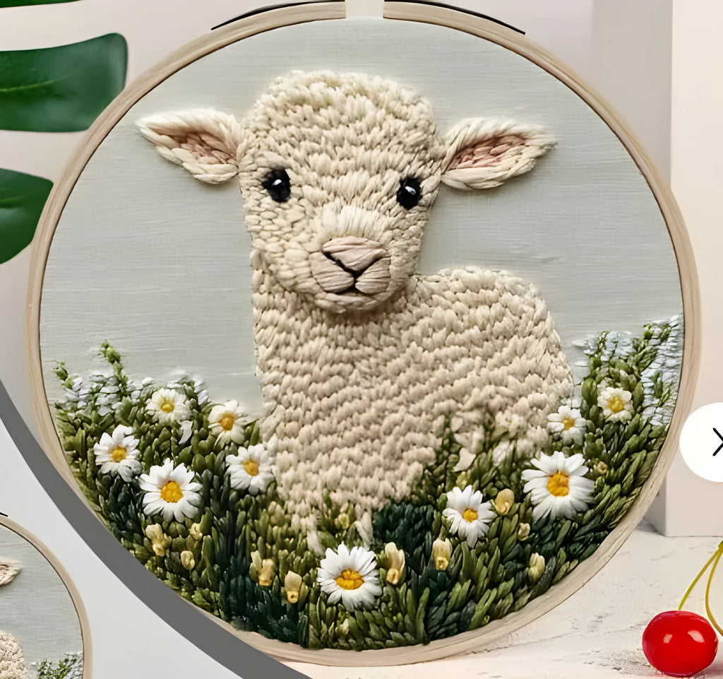 Cute cartoon embroidery pin punch start-up process suit sheep style on cloth with hand-woven details