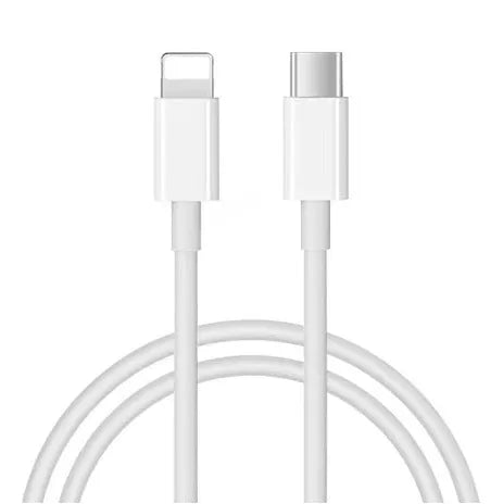 White PD20w 20W USB Type-C charger with 1 metre Lightning cable on white background